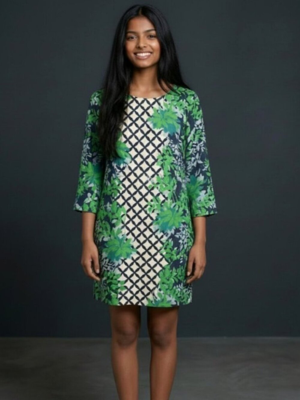 Boden Eliza Dress US 2 Green Blue Lattice Floral Silk Blend Shift Lined Keyhole